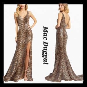 MAC DUGGAL SEQUINNED LEOPARD-PRINT GOWN-DRESS